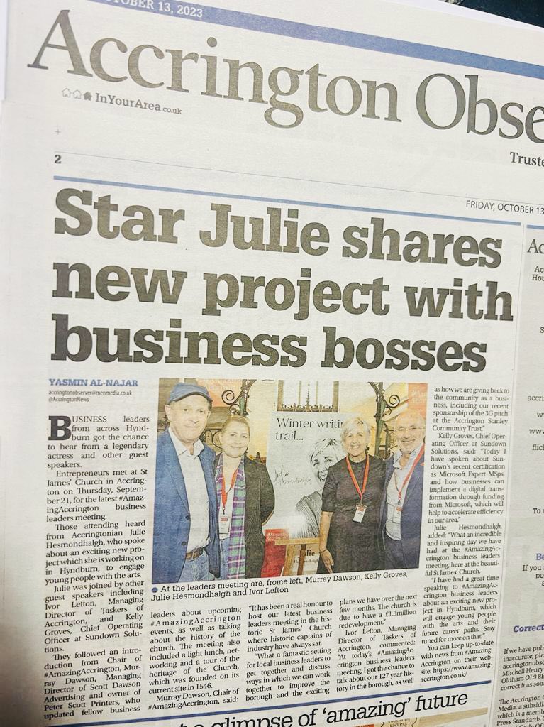 AmazingAccy's tweet image. Fab coverage of our recent #AmazingAccrington Business Leaders meeting at the beautiful St James’ Church via @AccringtonNews! 🤩👏

The event included talks from our Chair @MurraySDA, @SundownSolLtd COO Kelly Groves, @TaskersAtHome MD Ivor Lefton, and @juliehes… who launched an…