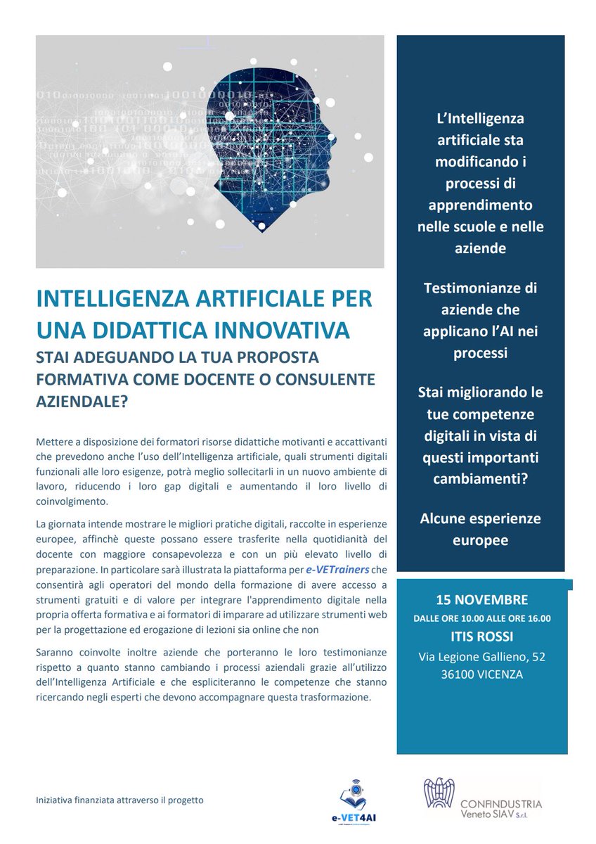 𝒆-𝑽𝑬𝑻4𝑨𝑰: 𝑰𝒏𝒕𝒆𝒍𝒍𝒊𝒈𝒆𝒏𝒛𝒂 𝑨𝒓𝒕𝒊𝒇𝒊𝒄𝒊𝒂𝒍𝒆 𝒑𝒆𝒓 𝒖𝒏𝒂 𝒅𝒊𝒅𝒂𝒕𝒕𝒊𝒄𝒂 𝒊𝒏𝒏𝒐𝒗𝒂𝒕𝒊𝒗𝒂

🗓️ Mercoledì 15 novembre 2023
🕙 Dalle 10.00 alle 16.00
📍 Aula Magna ITIS Rossi Vicenza

Scopri tutti i dettagli sul nostro sito web 🔗 siav.net/wp/2023/10/16/…