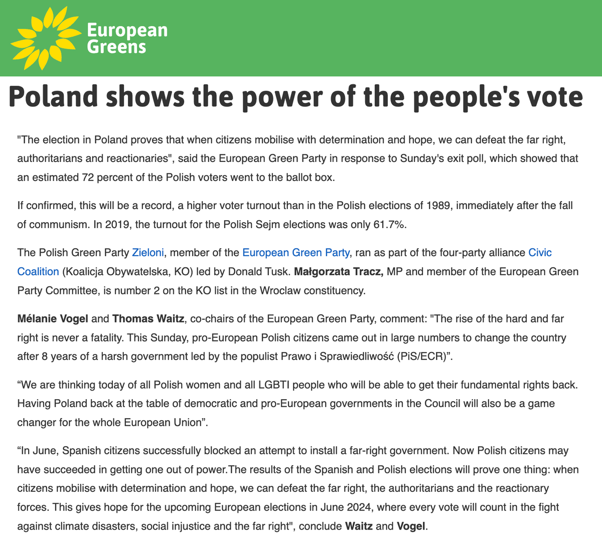 europeangreens's tweet photo. 🇵🇱🇪🇺 “This Sunday, pro-European Polish citizens came out in large numbers to change #Poland after 8 years of a harsh government led by the populist PiS.”

Read the press release from our co-chairs @Melanie_Vogel_ and @thomaswaitz 👇

https://t.co/k6QPlCSN1D https://t.co/v7X0ESc6ZU