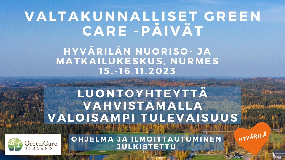 Vuoden 2023 Green Care -päivät järjestetään Itä-Suomessa Nurmeksessa 15.-16.11.2023. Ohjelma ja ilmoittautuminen löytyvät sivuiltamme: gcfinland.fi/GCpaivat2023 #gcfinland #greencarefinland #greencare #luontohoiva #luontovoima #luontoperustainentoiminta #hyvärilä