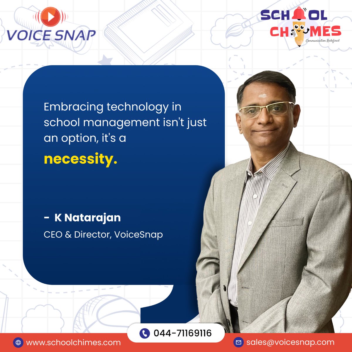 Unlocking the Future 📷
Explore the vision of educational excellence in our 'Visionary Voices' series with our CEO, Natarajan Krishnamurthy

Visit: schoolchimes.com

#VisionaryVoices #EducationLeaders #FutureOfLearning #EdTech #InnovativeEducation #CEOInsights