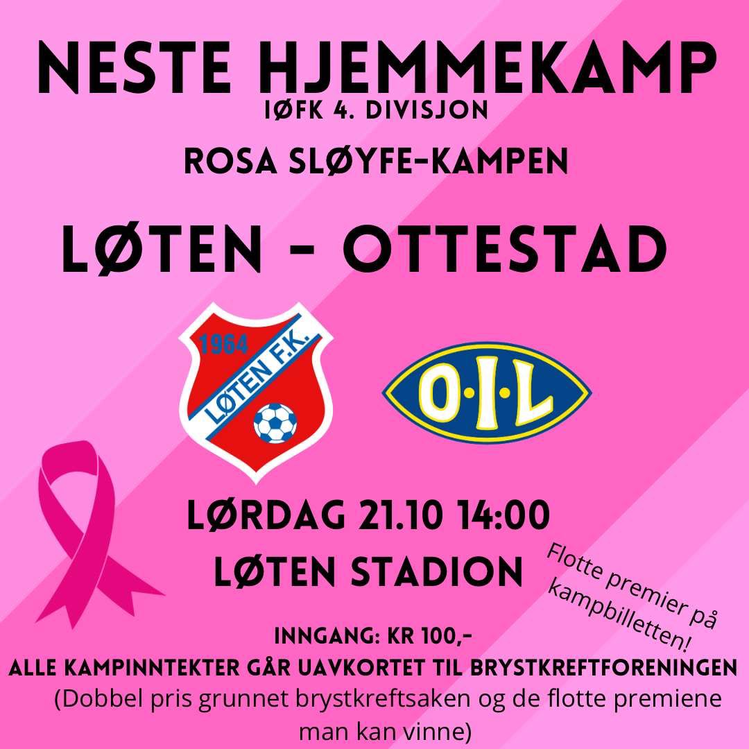 Ny kamp denne uken! Lokaloppgjør mot @ottestadfotball Her ønsker vi å gjøre en liten vri og øker billettprisene til 100kr, alle pengene som kommer inn vil uavkortet gå til brystkreftsaken. Det vil også bli foretatt trekning på noen fine premier på kampbilletten i pausen. Møt opp!