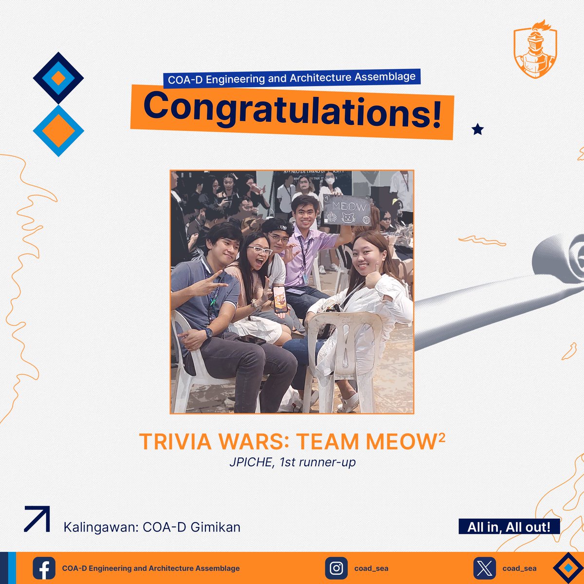 COAD_SEA's tweet photo. 𝐈𝐭'𝐬 𝐚𝐧𝐨𝐭𝐡𝐞𝐫 𝐰𝐢𝐧! 🏆

Congratulations to 𝐓𝐞𝐚𝐦 𝐌𝐞𝐨𝐰 𝐌𝐞𝐨𝐰 𝐨𝐟 𝐉𝐏𝐈𝐂𝐇𝐄 for being the 𝟏𝐬𝐭 𝐫𝐮𝐧𝐧𝐞𝐫 𝐮𝐩 in the 𝐊𝐚𝐥𝐢𝐧𝐠𝐚𝐰𝐚𝐧: 𝐂𝐎𝐀-𝐃 𝐆𝐢𝐦𝐢𝐤𝐚𝐧 𝐓𝐫𝐢𝐯𝐢𝐚 𝐖𝐚𝐫𝐬 during the SADYA 2023 Ateneo UFest last October 13, 2023! https://t.co/V6SbBkvJrL