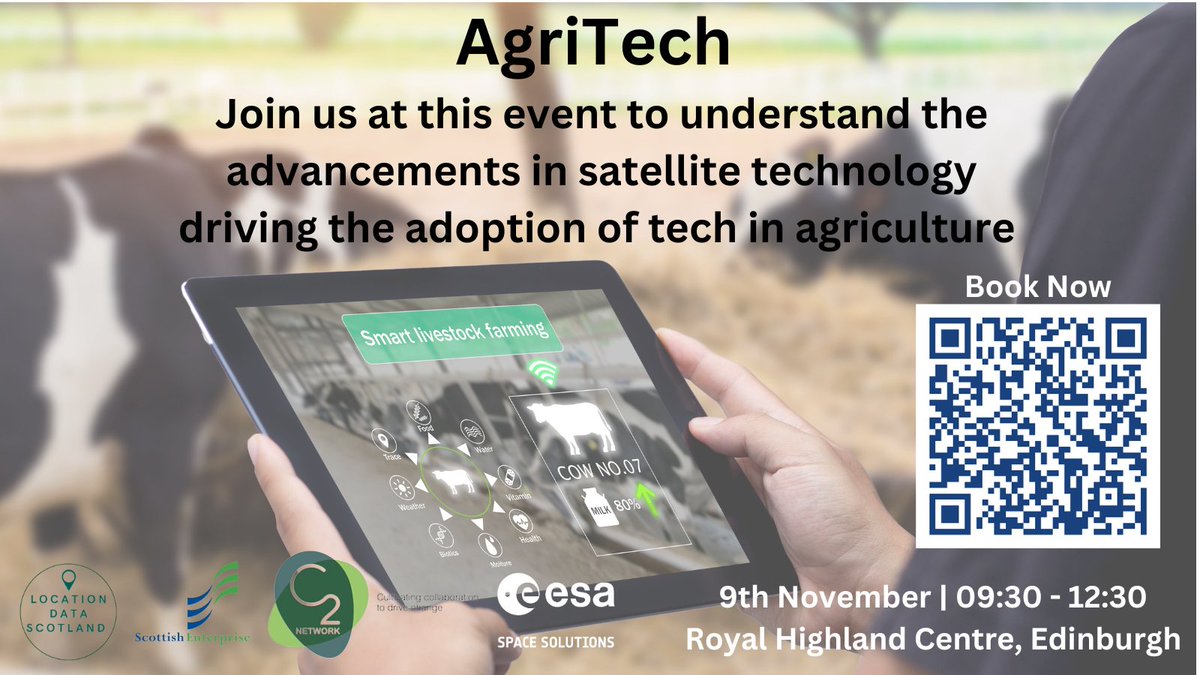 Location Data Scotland (@location_data) on Twitter photo 📢Join us at our next event on 9 Nov in Edinburgh to explore collaboration between
🪐 space
🚜 agriculture
🌲 forestry and
💰financial services
In p'ship w/ <a href="/scotent/">Scottish Enterprise</a> <a href="/EuropeanSpaceA1/">European Space Agency</a> & <a href="/C2Network_/">C2Network</a> we will explore advancements in satellite technology for #agritech.
Book👇 📢Join us at our next event on 9 Nov in Edinburgh to explore collaboration between
🪐 space
🚜 agriculture
🌲 forestry and
💰financial services
In p'ship w/ <a href="/scotent/">Scottish Enterprise</a> <a href="/EuropeanSpaceA1/">European Space Agency</a> & <a href="/C2Network_/">C2Network</a> we will explore advancements in satellite technology for #agritech.
Book👇