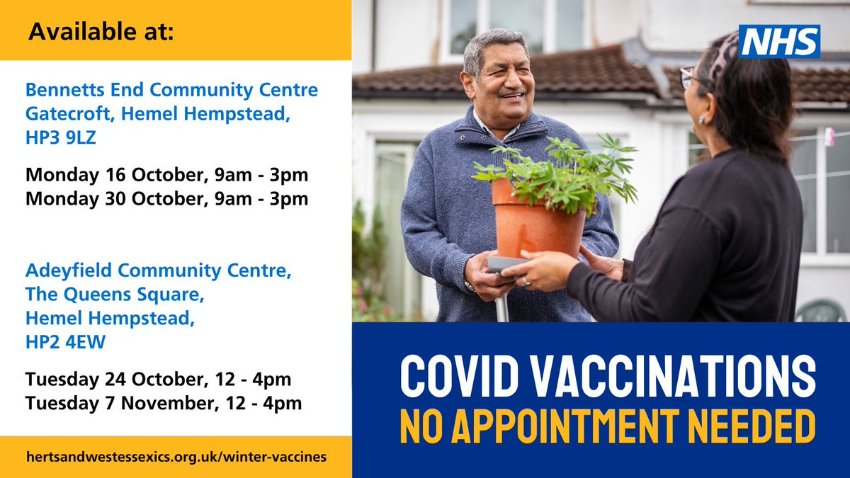 COVID vaccinations - no appointment needed! Come along to Bennetts End Community Centre TODAY Monday 16 October, from 9am to 3pm. Check your eligibility at bit.ly/46KHQrO. As this is a drop-in, there may be a queue when you arrive. Thank you for your patience.