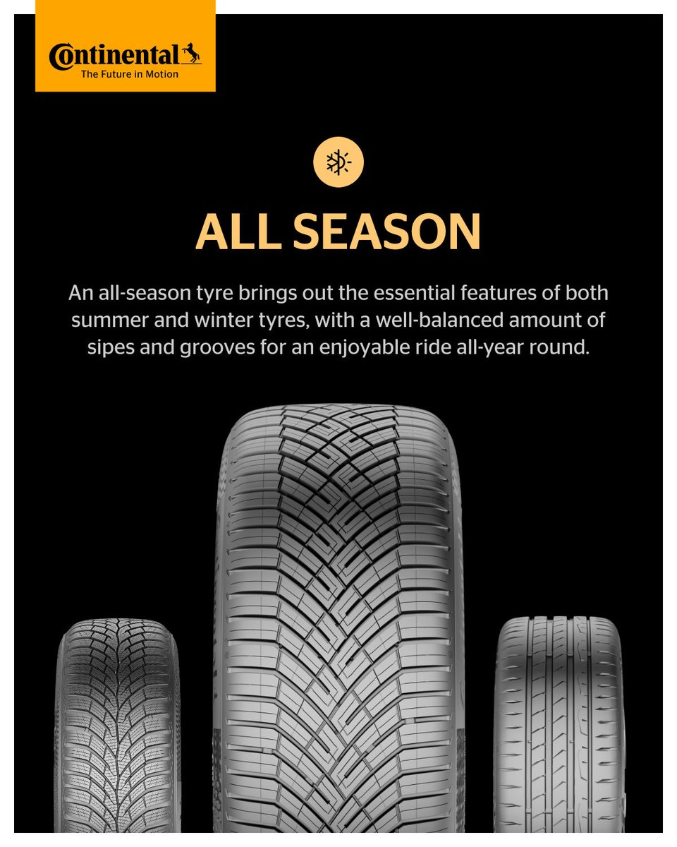 Ready for a brainteaser? Can you spot the difference between these @continentaltyresuk tyres? 

Winter❄️

Summer ☀️

All-Season 🔄

Test your knowledge: Which tyre is which? 🤔

Swipe to see the answers 👉

Learn more 👉🏼 ow.ly/3Cg150PQ4Se 

#ContinentalTyres #RoadSafety
