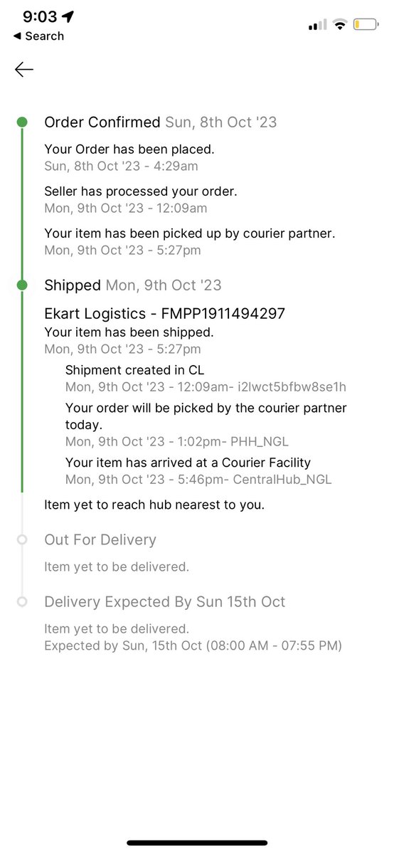 Ordered on 8th Oct. was supposed to be delivered on 15 -Oct. still not delivered and also not yet reached the nearest hub. <a href="/Flipkart/">Flipkart</a>  kindly deliver my order asap. Really disappointing experience.