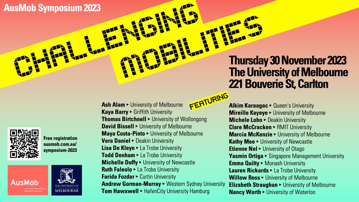 We’re really excited about our AusMob 2023 Symposium on Challenging Mobilities, 30 November 2023 @UniMelb! Come and join us 🤩 Free registration here: ausmob.com.au/symposium-2023