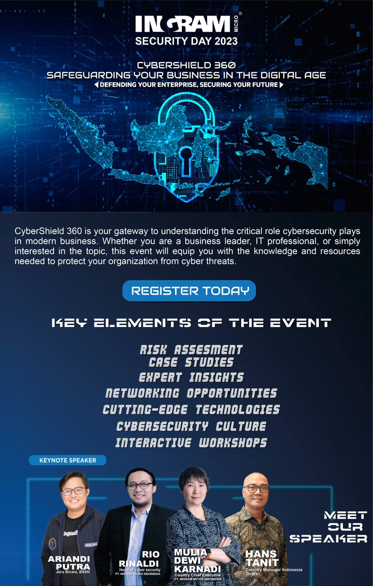 IngramMicroID's tweet image. SAVE THE DATE !

Be sure to attend and meet our speaker at IMSD 2023 | Ingram Micro Security Day 2023 on Tuesday, 24th Oct 23.

Register Today :
- Customer Event ( 08:30am ) : bit.ly/IMSD2023
- Partner Event ( 3:00pm ) : bit.ly/IMSD2023_Partn…

#IMSD2023 #IngramMicroID