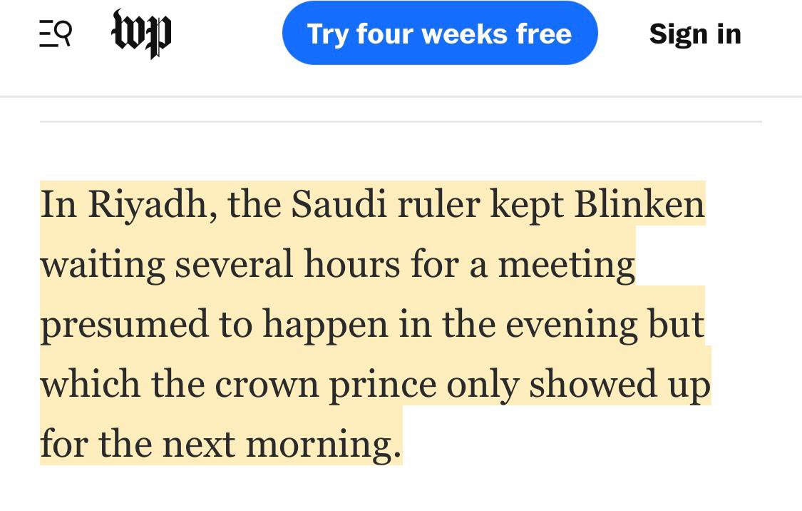 HenryKesnger's tweet photo. ولي العهد السعودي..
جعل وزير الخارجية الأمريكي ينتظر لساعات طويلة حتى يقابله.
تقول ��حيفة واشنطن بوست:
وزير خارجية أمريكا واجه مقاومة شديدة من أقوى رجال العالم العربي هما..
ولي العهد السعودي والرئيس المصري.
.
.
.
https://t.co/9TD558TI4p https://t.co/QzISWEFrE3