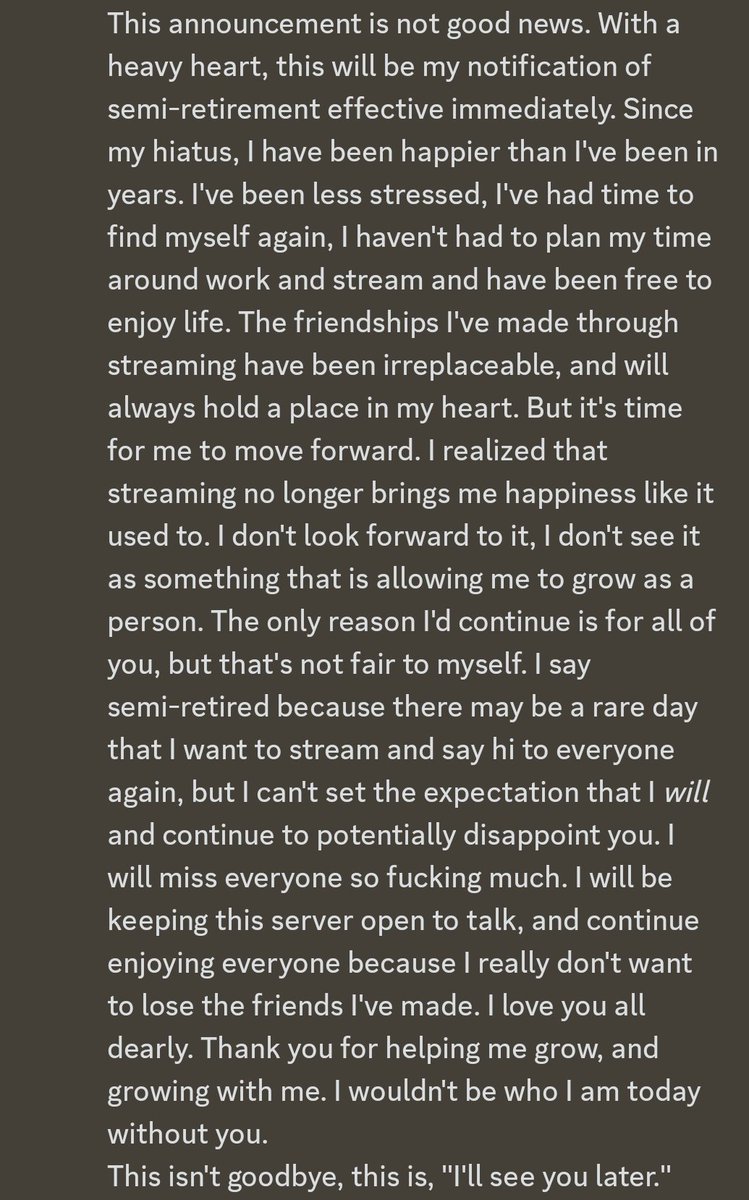 TheQueenWeeb's tweet photo. Notification of semi-retirement.
Thank you for all the love you've given over the years. I will miss you. 💖 https://t.co/Pcqw8AgIII