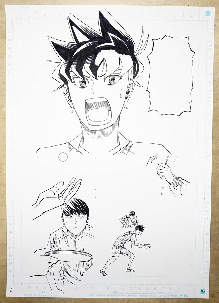 前回のネームと線画と完成原稿。
一生懸命声出す司。この回のネームの赤で囲ってるところ、重大なミスがあって締め切りギリギリで直した跡です。
#スリースター #卓球 #サイコミ https://t.co/xoemH9sjtZ 