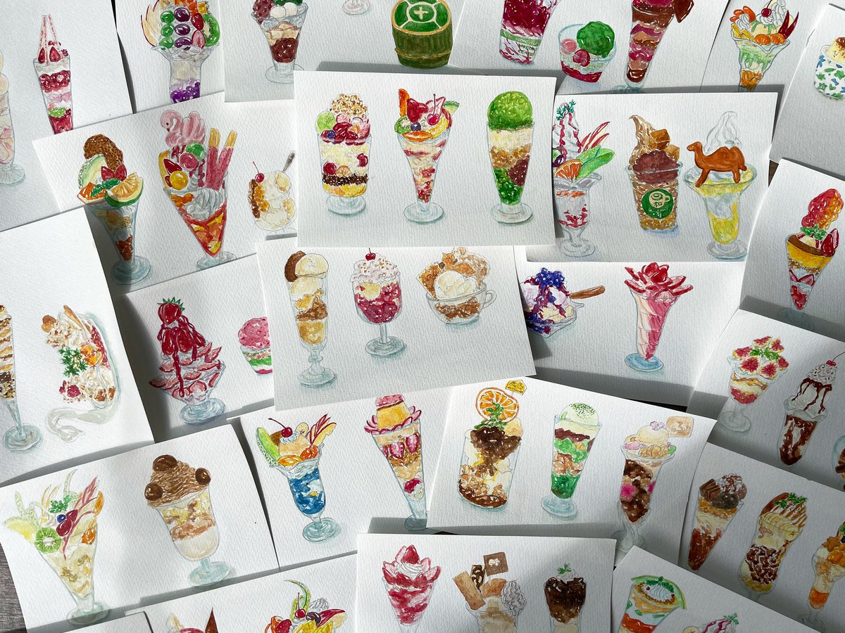 _perfectparfait's tweet photo. 今まで食べたパフェのうち百数十種類をひたすら水彩で描きました🎨これらを全国巨大パフェMAPにしたものが、今回の1番大きな作品です🗺️
個展はいよいよ明後日10/18〜29、大阪・中崎町のzazie hairさんにて。
ぜひぜひお待ちしております🙌
#イラスト #水彩 #個展 #パフェ https://t.co/GSU15KwYzj