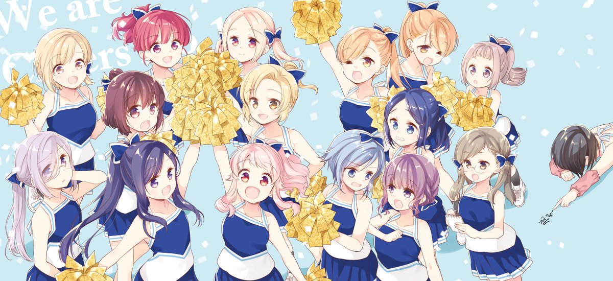 pom pom (cheerleading) multiple girls 6+girls cheerleader pink hair blonde hair ponytail  illustration images