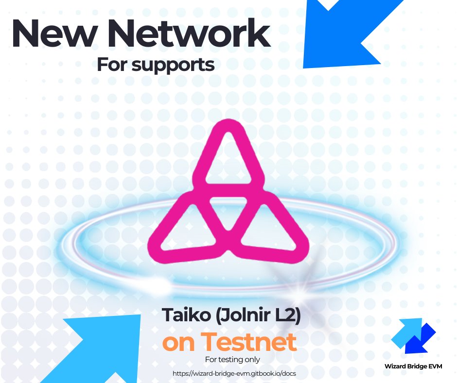 wizardbridgeevm's tweet photo. New Network For Supports! @taikoxyz
.
- Taiko (on Testnet / Jolnir L2)
*For testing only*
.
Test now
Website (demo): https://t.co/eZ8ucNmRlZ
Faucet (test-token): https://t.co/H19Qjbofaf
Docs: https://t.co/FRqJ1LCTXk
.
#Taiko #TKO #Jolnir_L2 #WizardBridgeEVM #Wizard #Bridge https://t.co/RCdWfMStPX