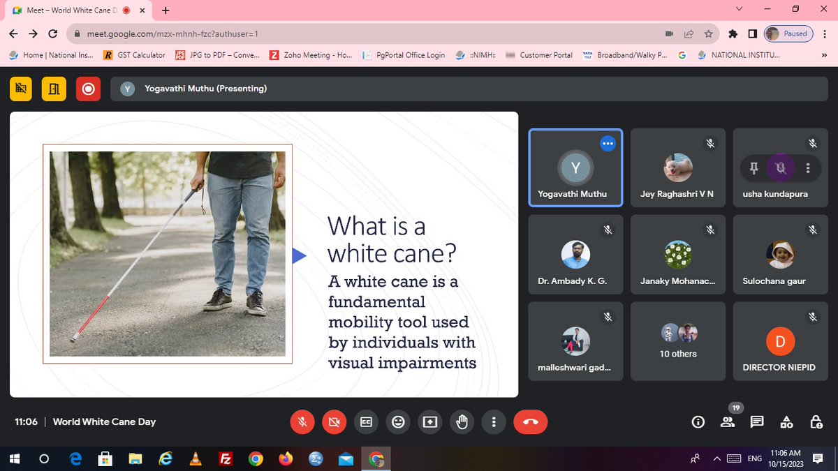 NIEPID's tweet photo. To commemorate #WorldWhiteCaneDay, NIEPID HQ organized a webinar titled "White Cane - Enhancing Accessibility and Independence in Society" on October 15, 2023, from 11:00 am to 12:00 pm.
Around 50 participants attended the informative session.
#worldwhitecane #CaneDay
@socialpwds https://t.co/ciLJbaOsEy