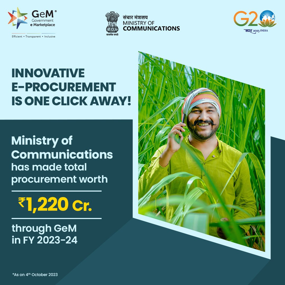 GeM_India's tweet photo. Ministry of Communications has gradually stepped forward into the field of procurement on GeM. 

As of 4th Oct’23, the Ministry has made total procurements worth ₹1,220 Crore.

GeM looks forward to more participation from the Ministry in this FY. https://t.co/zGmGp6nkb3
