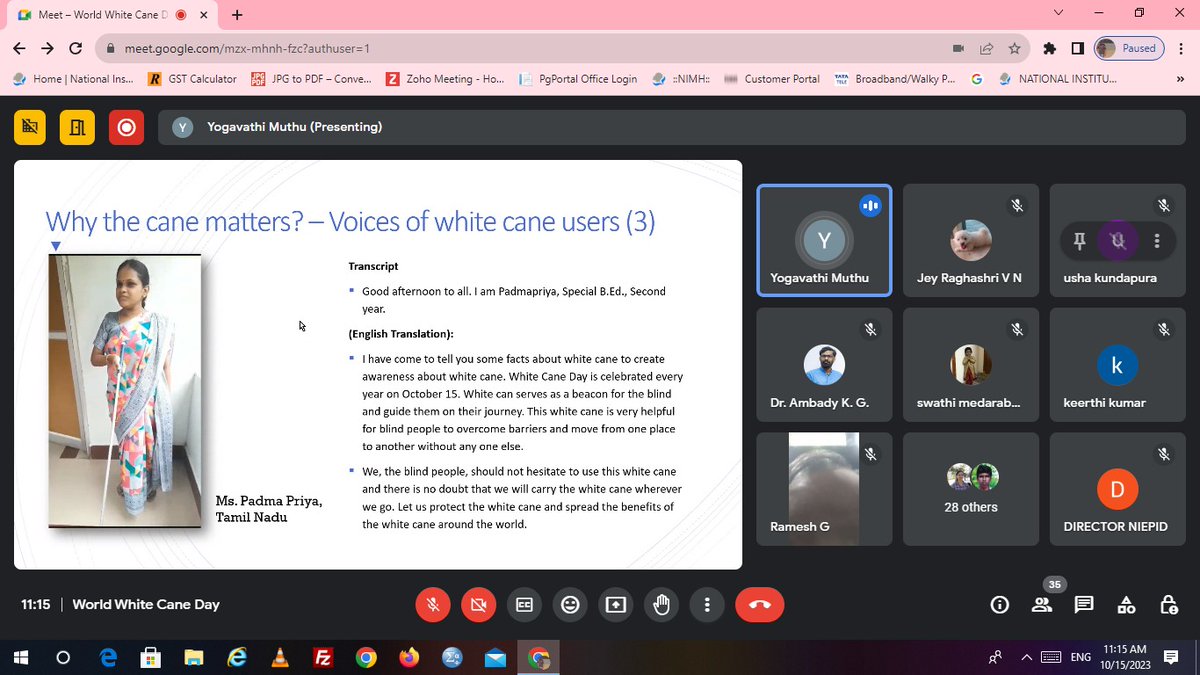 NIEPID's tweet photo. To commemorate #WorldWhiteCaneDay, NIEPID HQ organized a webinar titled "White Cane - Enhancing Accessibility and Independence in Society" on October 15, 2023, from 11:00 am to 12:00 pm.
Around 50 participants attended the informative session.
#worldwhitecane #CaneDay
@socialpwds https://t.co/ciLJbaOsEy