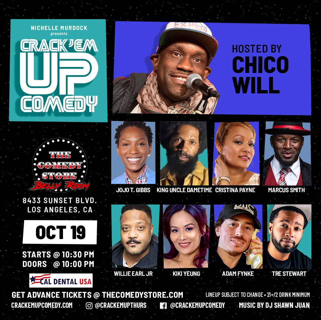 CrackemupLA's tweet photo. This Thursday! More good times on the way at Crack’Em Up! Don’t miss!
Grab your tickets today!
https://t.co/ET2gy5WO0S

10/19 @TheComedyStore 
#risingstars #crackemup https://t.co/rsUGI9g2Px