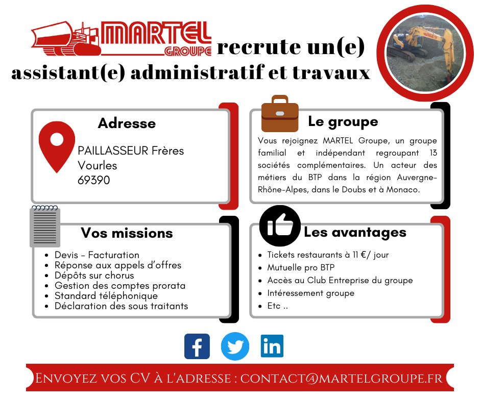 MARTEL Groupe recrute pour sa société PAILLASSEUR Frères un(e) assistant(e) administratif et travaux à Vourles.

📩 Envoyez votre CV à : contact@martelgroupe.fr
📢 Poste à pourvoir dès que possible