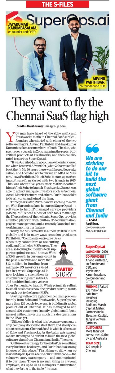 SindhuHarih's tweet photo. In @toi_mofmadras -You've heard of the Zoho mafia and the Freshworks mafia..but here's a #startup that's learnt from both poster boys of #SaaS
Co-founder @ArvindParthiban says future of India SaaS is in great hands with potential for more success stories 
https://t.co/9N6CSMlcl9 https://t.co/aoIzx9wYYY
