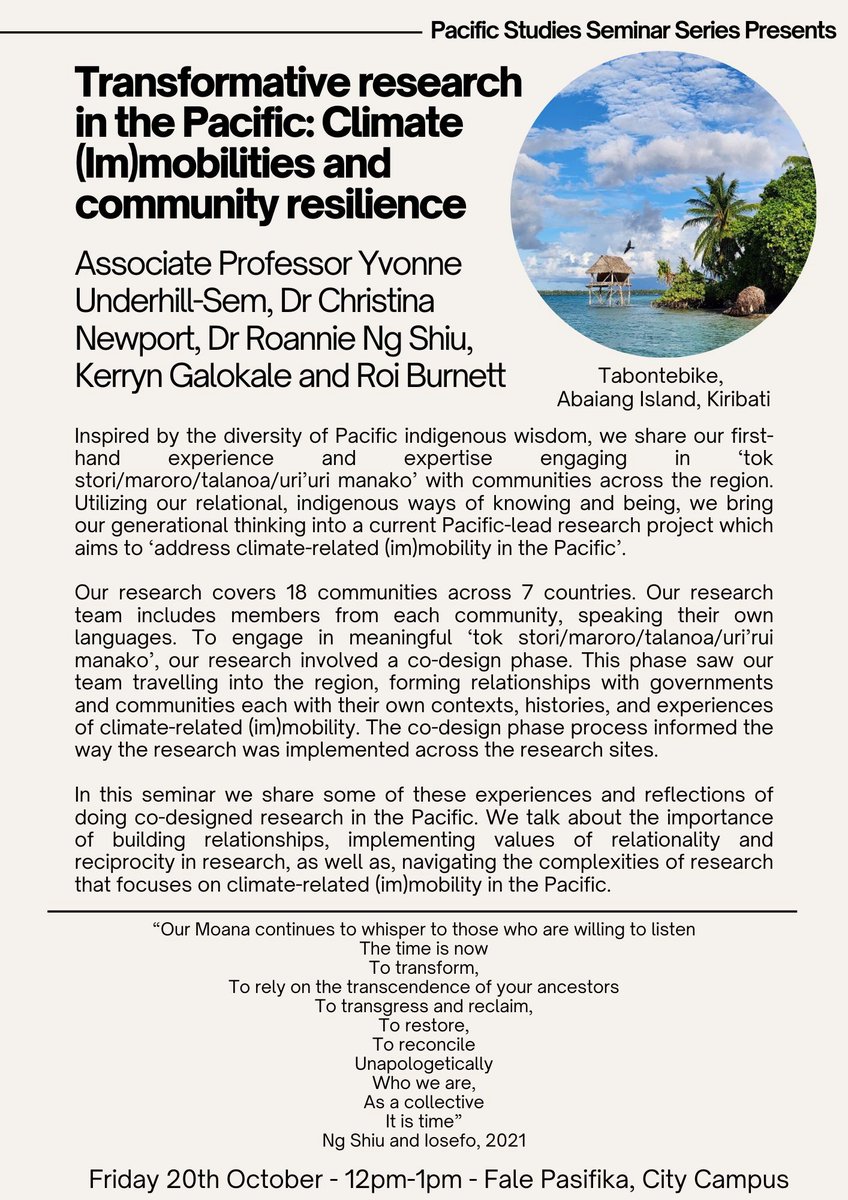 PacificUoa's tweet photo. Join us for a special Pacific Studies Seminar this Friday 20/10 @ 12pm. This seminar will feature a special presentation from our keynote speakers Assoc. Prof @UnderhillYvonne, Dr @tina_newport, Dr Roannie Ng Shiu, Kerryn Galokale &amp; Roi Burnett. RSVP: https://t.co/y1n4w6yaCJ https://t.co/9P0V79udee