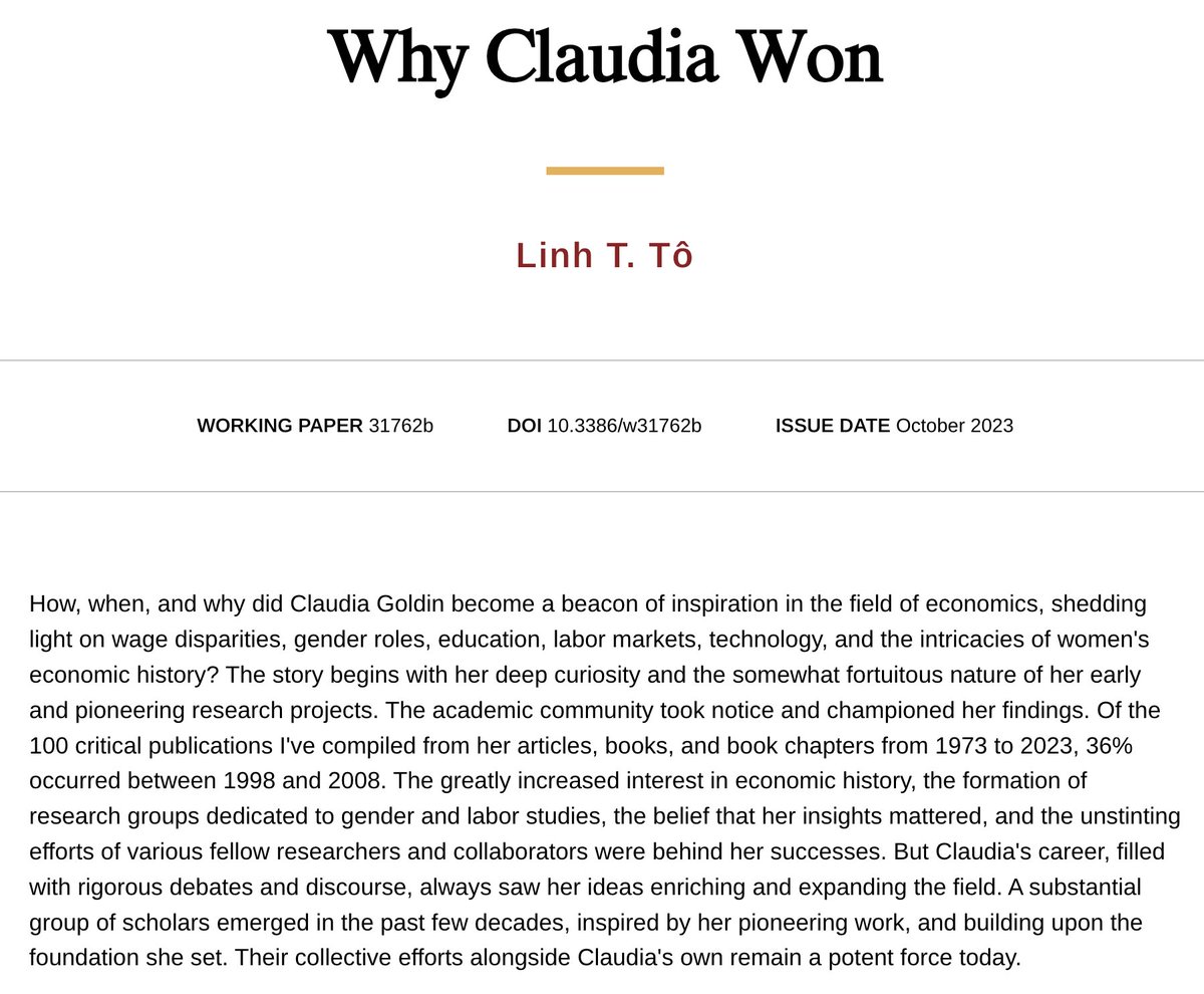 As the latest @nberpubs working papers roll out today, I'm excited to share some new work, building on Claudia Goldin's 'Why Women Won' from last week—remarkably released the same day as her Nobel Prize win! #EconTwitter #EconX #FirstTweet #FirstX