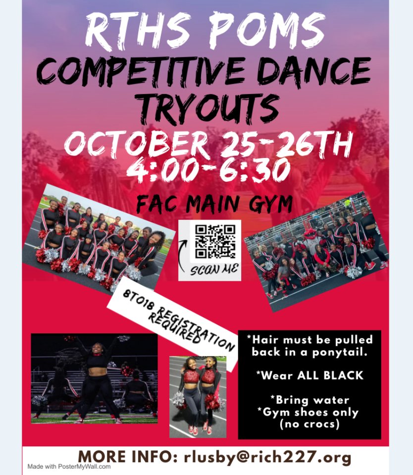 RTHS POMS TRYOUTS 
(Competitive &amp; Basketball Sideline)
October 25th-26th (4:00-6:30 pm)
FAC Campus