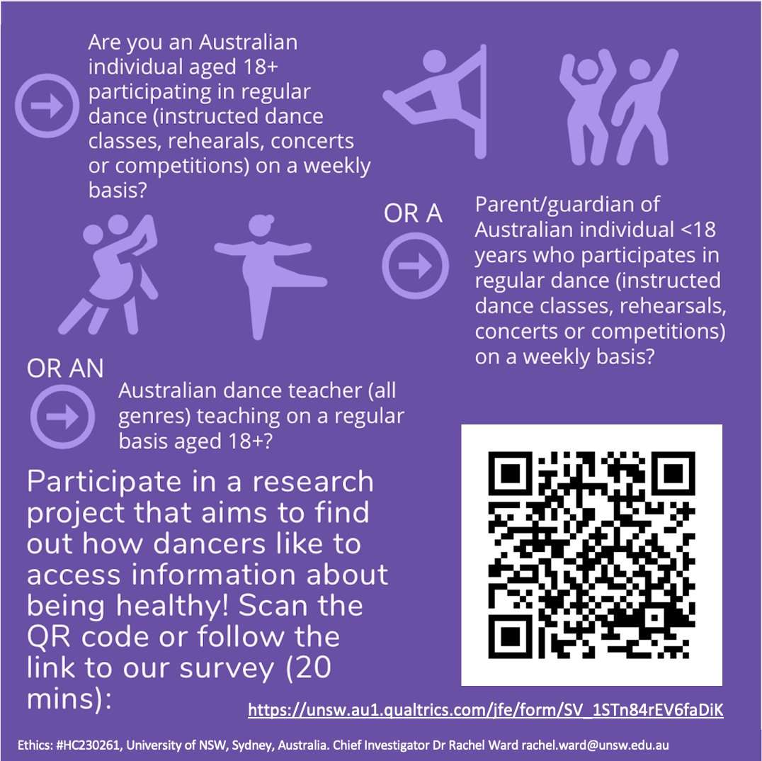 Calling all Australian 1. parents of young dancers; 2. dancers 18 years and over; and 3. dance teachers. Complete the survey here: unsw.au1.qualtrics.com/jfe/form/SV_1S…