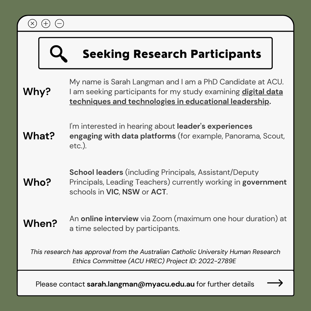 ILSTE (@lsia_acu) on Twitter photo Are you a principal or leader working in an Australian government school in VIC, NSW or ACT?
PhD Candidate Sarah Langman is seeking participants for her doctoral study on digital data techniques & technologies in ed leadership.
Please contact for more info. Are you a principal or leader working in an Australian government school in VIC, NSW or ACT?
PhD Candidate Sarah Langman is seeking participants for her doctoral study on digital data techniques & technologies in ed leadership.
Please contact for more info.