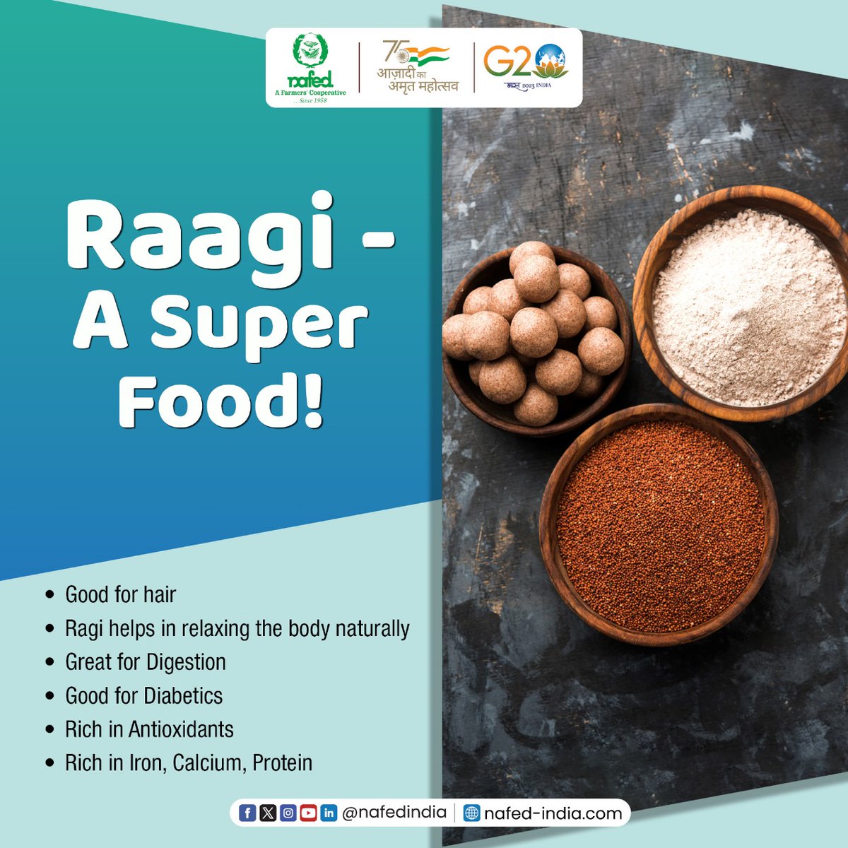 nafedindia's tweet photo. रागी कैल्शियम और पोटैशियम की मात्रा में सबसे अधिक है, जिससे यह अनाजों का सुपरहीरो बन जाता है। अपने आहार में रागी जोड़ना बस एक चयन नहीं है; यह एक बेहतर सवास्थ की ओर कदम बढ़ाना है।
#raagi #iym2023 #millets #milletfood #NAFED #nafedindia #agricultureindia #cooperativefarming #indianfarmers #EmpoweringCooperatives #SahakarSeSamriddhi #cooperativesociety
@PIB_India
@AgriGoI
@IYM2023
@DrBijender
@RiteshIAS
@MinOfCooperatn
@mygovindia