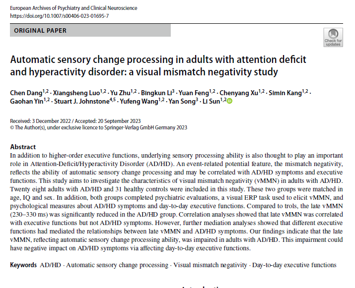 Stuart Johnstone (@stujohno1969) on Twitter photo New study with collaborators showing that the late
vMMN, reflecting automatic sensory change processing ability, is impaired in adults with AD/HD and how this could negatively impact symptoms via affecting day-to-day executive functions. <a href="/UOW/">UOW</a> <a href="/uowresearch/">UOW Research</a> <a href="/UOWASSH/">Faculty of the Arts, Social Sciences & Humanities</a> <a href="/PKU1898/">Peking University</a> New study with collaborators showing that the late
vMMN, reflecting automatic sensory change processing ability, is impaired in adults with AD/HD and how this could negatively impact symptoms via affecting day-to-day executive functions. <a href="/UOW/">UOW</a> <a href="/uowresearch/">UOW Research</a> <a href="/UOWASSH/">Faculty of the Arts, Social Sciences & Humanities</a> <a href="/PKU1898/">Peking University</a>