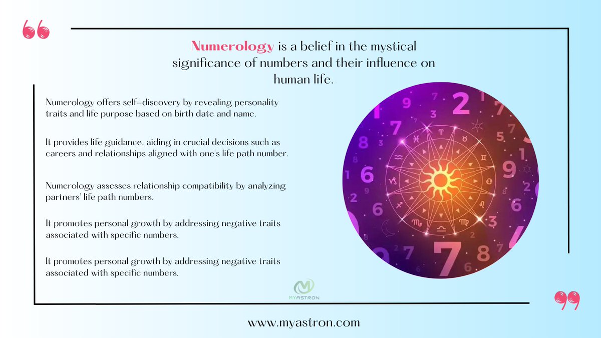 Accept your potential with numerology! 🌟 Discover your true self, find guidance in decisions, assess relationships, foster personal growth, and gain spiritual insights. Dive into the power of numbers!
.
Consult Now- myastron.com/numerology/
.
#numerology2023 
#spiritualinsights