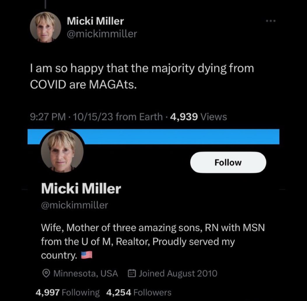 Robby Starbuck (@robbystarbuck) on Twitter photo Hey <a href="/UMNNursing/">University of Minnesota School of Nursing</a>,
This is one of your nurses. You need to make it clear if you’re okay with one of your nurses celebrating Republican patients dying. Are you okay with this? Her other employer, <a href="/Edina_Realty/">Edina Realty</a>, needs to speak up too, are they okay with this? Also, the majority Hey <a href="/UMNNursing/">University of Minnesota School of Nursing</a>,
This is one of your nurses. You need to make it clear if you’re okay with one of your nurses celebrating Republican patients dying. Are you okay with this? Her other employer, <a href="/Edina_Realty/">Edina Realty</a>, needs to speak up too, are they okay with this? Also, the majority