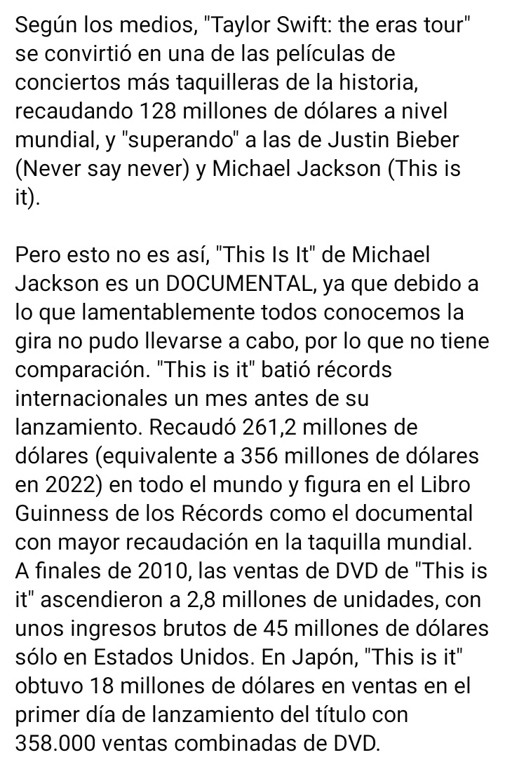 sebasmjjj's tweet photo. "This is it" de Michael Jackson es un DOCUMENTAL, no una película de conciertos, la gira no pudo llevarse a cabo por lo que lamentablemente todos conocemos. Hay que decirle a los medios que no existe ningún tipo de comparación en este caso. https://t.co/zswOn0zm4Y