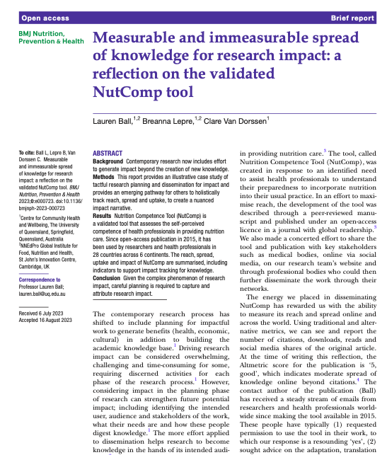 How should you plan for and track #researchimpact? Check out our new article published in @BMJnutrition 💡 Measurable and immeasurable spread of knowledge for research impact: a reflection on the validated NutComp tool. Thanks to my coauthors! @DrBreannaLepre @clarevandorssen