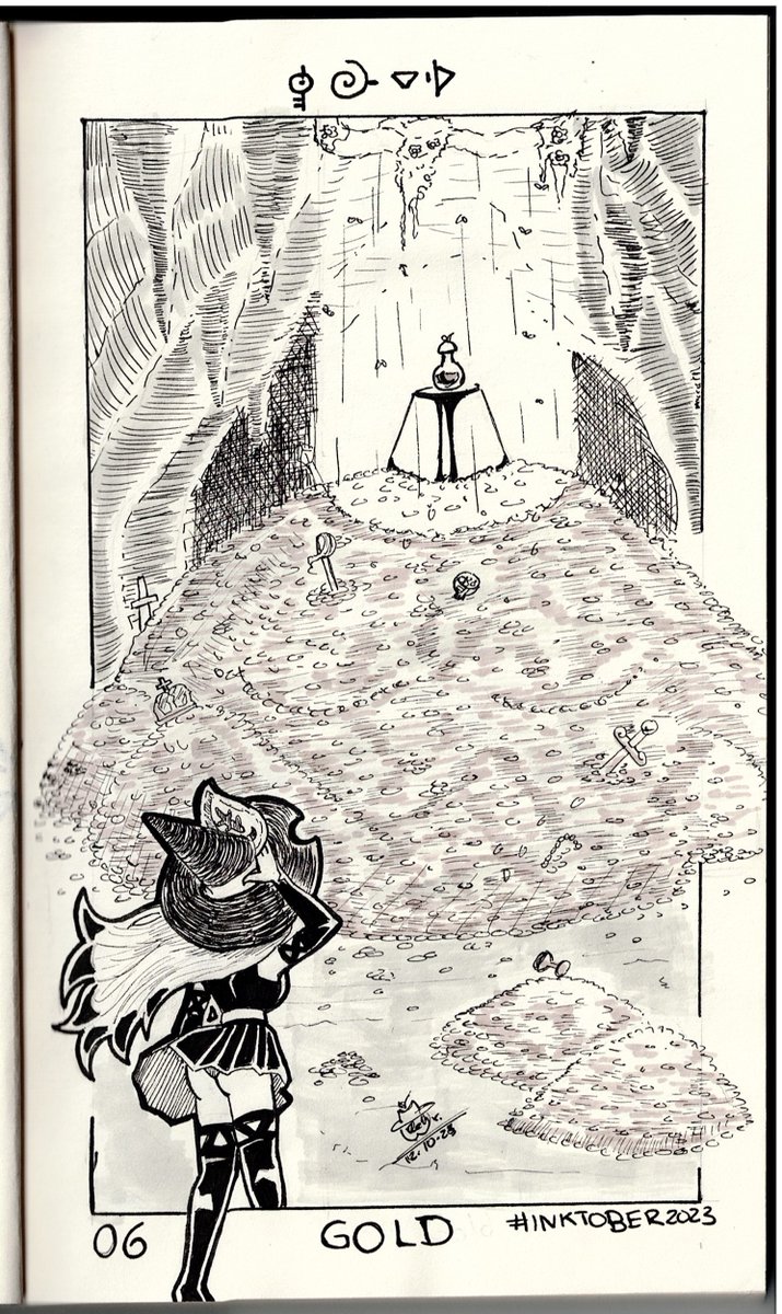 Mr_Red_Official's tweet photo. Arriving at the location marked on the map we find ourselves in a cave, with a mountain of gold and on top of it is a mysterious bottle with a golden liquid.
#inktober2023day6 #inktober2023 #inktoberchallenge #wicth #inkdrawing #twitterartist #GOLD https://t.co/6DL9R9u3NQ