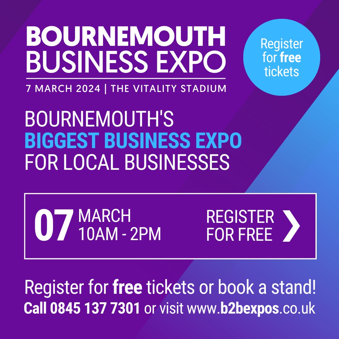 Don't miss your chance to grow your #business! Book a stand at Bournemouth Business Expo on Thursday 7th March today b2bexpos.co.uk/event/bournemo… #BournemouthExpo