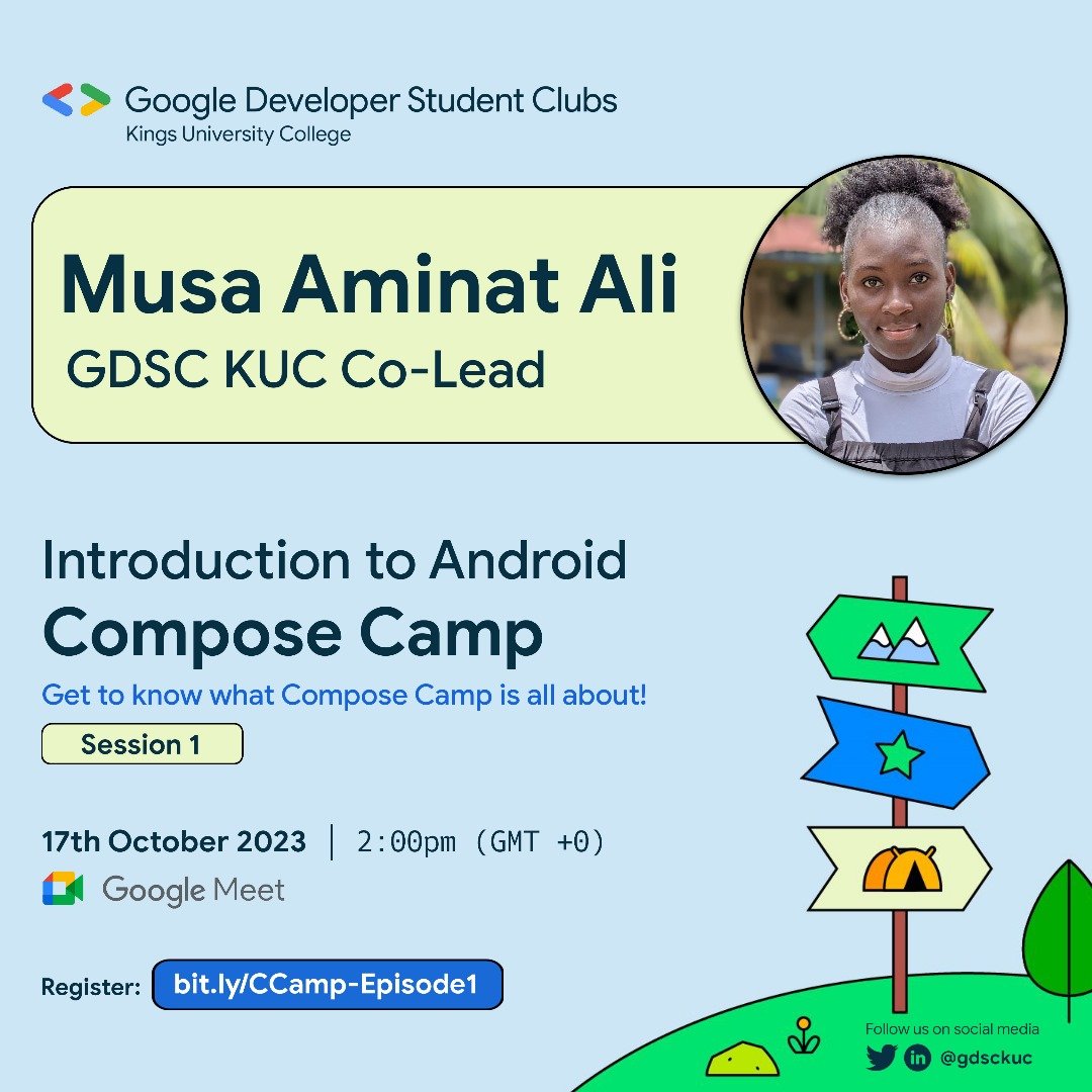 gdsckuc's tweet photo. Compose Camp is here! π₯³
Wondering how do you get started on Jetpack Compose?
Join us tomorrow for our first episode as @Vonkamon_Ali gives an intro #30daysofCompose
Register here: https://t.co/1iP0Mof75P
#Compose Camp this October
@Geektutor @Lion_Lamp @gdscait https://t.co/qmngUhkQtn