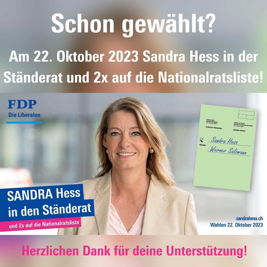 Noch eine Woche könnt ihr wählen, bis morgen per Post und danach noch bei der Gemeinde. Danke für die grossartige Unterstützung und natürlich für eure Stimme. 

Unsere Sandra Hess gehört in den Ständerat und 2x auf deine Nationalratsliste. 🙏✨

#wahl23 #wahlCH23 #kanton #bern