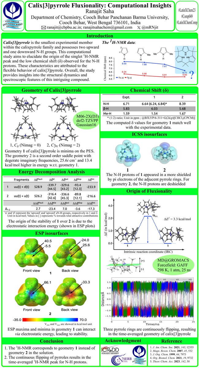 mRNjit's tweet photo. Hello all🙏🤝!
Excited to share my work as "Calix[3]pyrrole Fluxtionality: Computational Insights" #Comp049 #LatinXChemComp at #LatinXChem23.
@LatinXChem @digital_rsc @PCCP @ChemRxiv @LufacIDT
#compchem #theochem #Macrocycles #nmr #DFT #MolecularDynamics https://t.co/Bw9V1b4NfT