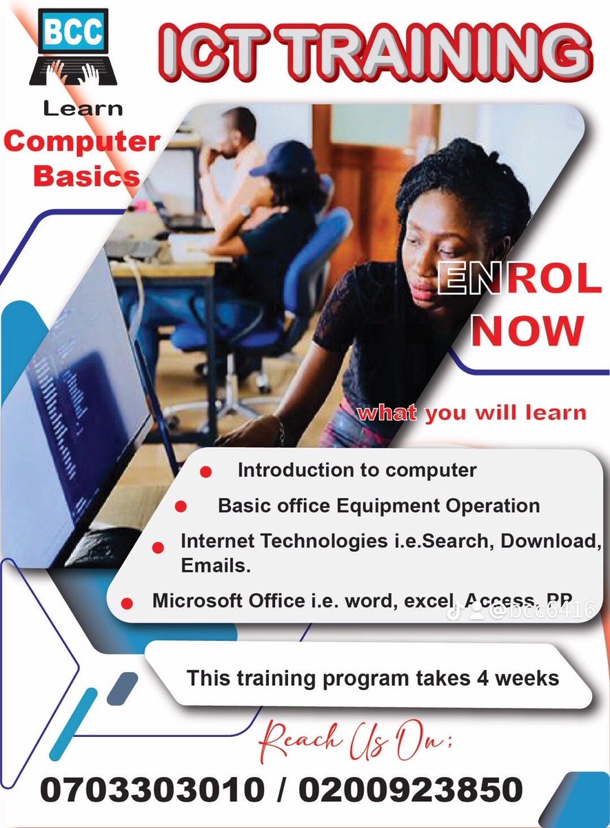 bandacomputerc1's tweet image. Happy new week🤗
BCC is open for you.
#iCTservices #largeformatprinting #computerbasictraining #BCC #printing #photocopying #AffordablePrices