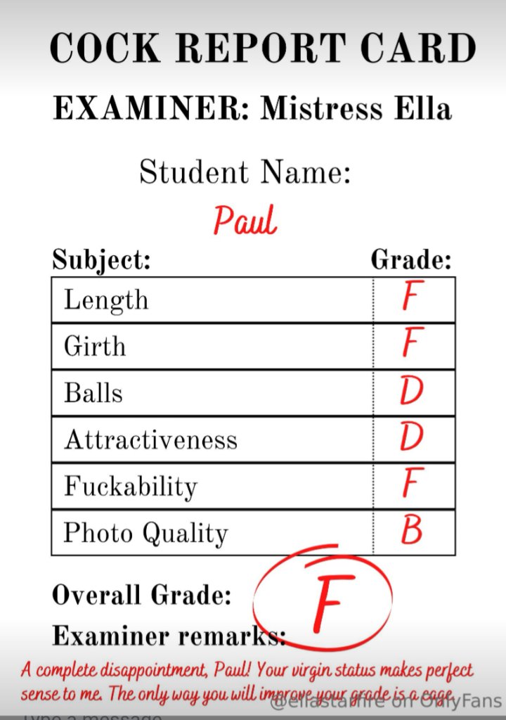 Thank you so much for my cock report card <a href="/sph_ella/">SPH Club 😈🤏🏻</a>. It makes it official how much of a beta I am! "High quality pictures of such a low quality dick" 😂