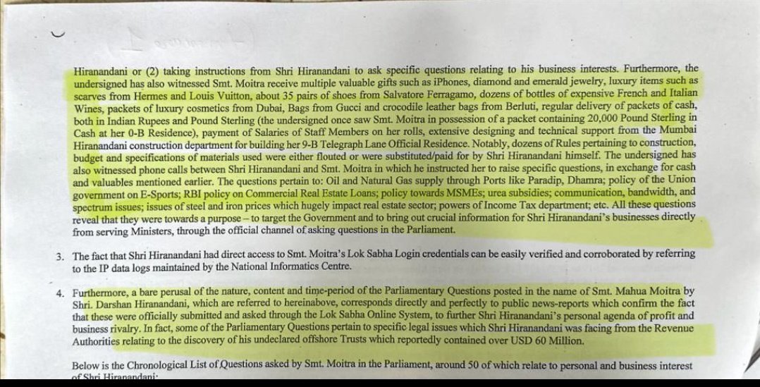 An affidavit filed by lawyer Anant Dehadrai in the court reveals that Mahua Moitra took cash and gifts in return for asking questions repeatedly in the Lok Sabha targetting Adani and asking specific questions whose answers by selected ministers benefitted business group