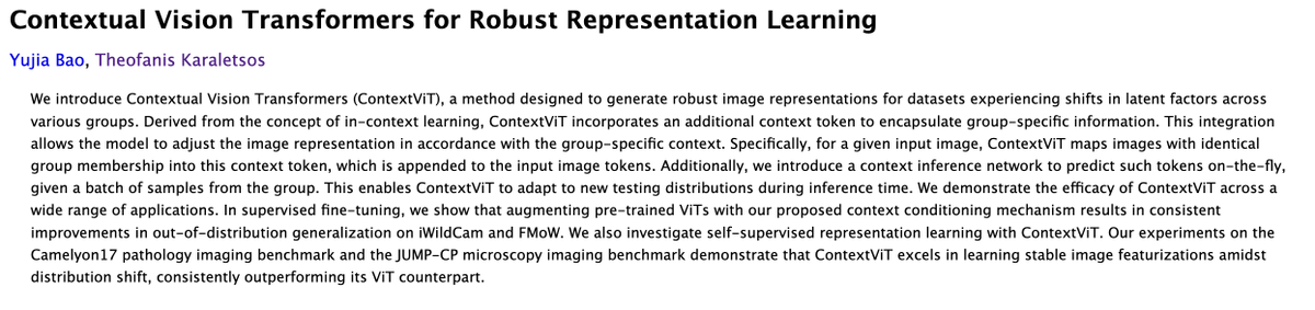 In our ContextViT paper with the wonderful <a href="/yujia_bao/">YujiaBao</a>  we looked hard at the problem of learning vision transformers (SSL or SL) when you have data arriving in batches that can exhibit distribution shift/context shift (such as experimental batches)
arxiv.org/abs/2305.19402 

1/N