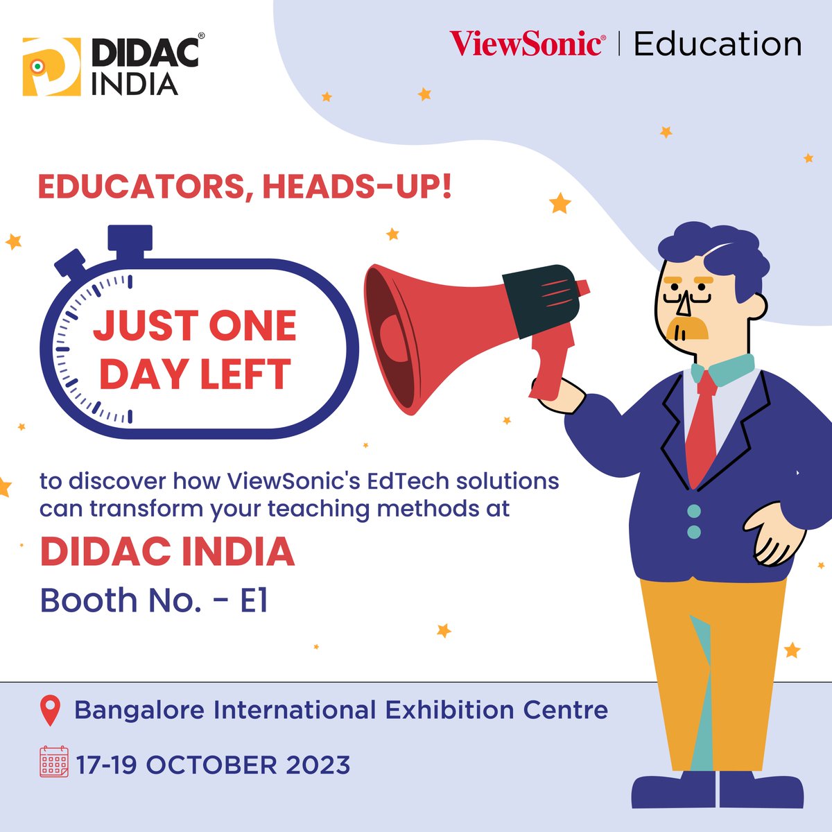 IndiaViewsonic's tweet photo. The grandest stage to showcase Educational Resources and Technology-based solutions in Asia is set! 😃👩🏻🏫
ViewSonic- Booth E1
📆 Date: 17th-19th October
📍Venue: Bangalore International Exhibition Centre
#myViewBoard #didacevent #eventbanagalore #didac2023 #educatorevent https://t.co/XirVJOt5iv