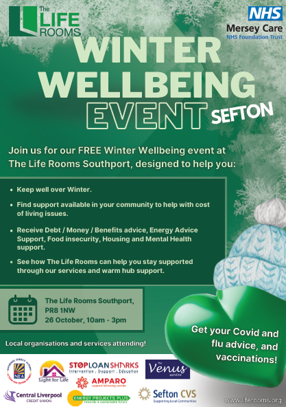 If you or your clients will struggle over the winter months to keep well, or just want to know of the support available in #Sefton, we'll be at @LifeRooms_MC #WinterWellbeing event ❄