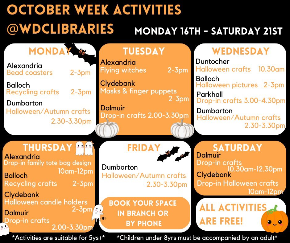 If you’re stuck for things to do this October half-term break, join us in the library for some seasonal crafting fun!

All sessions are free, but unless marked as drop-in should be booked in branch or by phone. For more information visit west-dunbarton.gov.uk/libraries/octo…
<a href="/WDCEducation/">WDC Education</a>