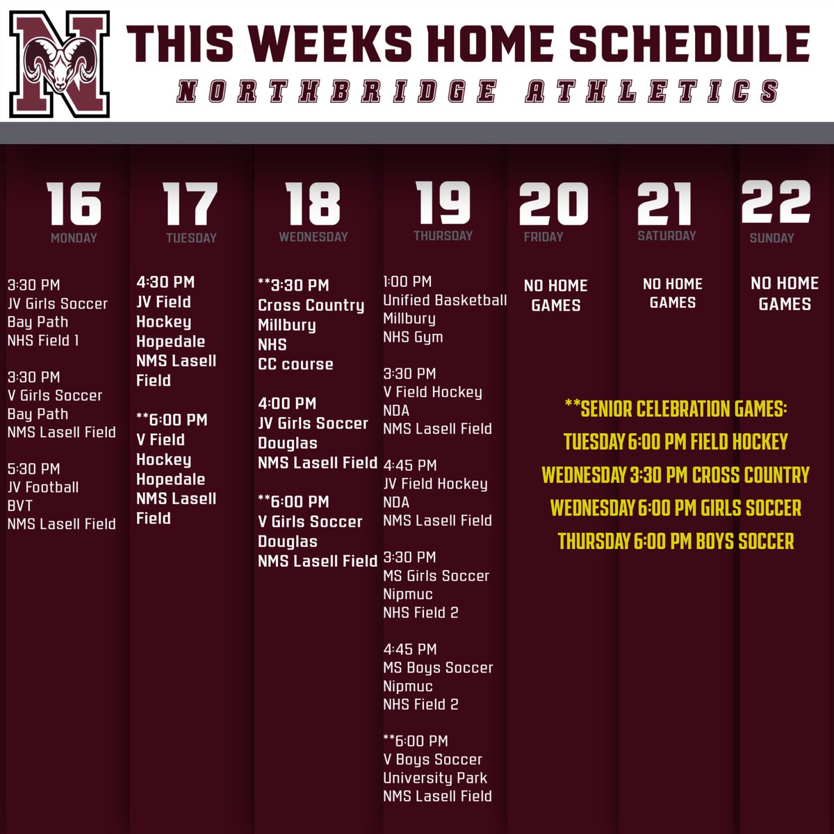 Big home week ahead with Senior Days for Boys and Girls Soccer, Field Hockey  and Cross Country. Also Unified Basketball  will be home Thursday at 1 to take care on Millbury!