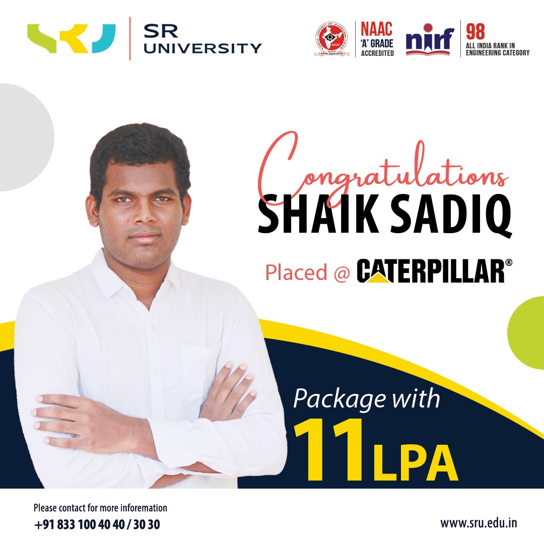 sr_university's tweet photo. We extend our heartfelt congratulations to Shaik Sadiq for his outstanding achievement - being placed at @CaterpillarInc with an impressive annual package of 11 Lakh!
#Sru #SRUniversity #Btech #Placements #Highestpackage #SuccessStory #SRUniversityPride #Campusplacements https://t.co/tkEkroHP8H
